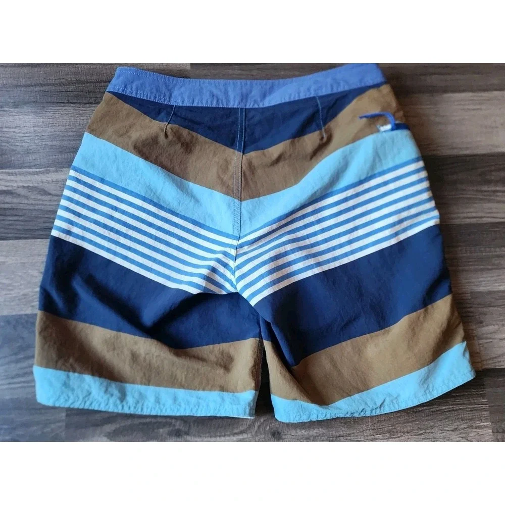 PATAGONIA WAVEFARER BOARD SHORTS MENS SIZE 30 19" STRIPED BLUE BROWN SWIM TRUNKS - Picture 5 of 7